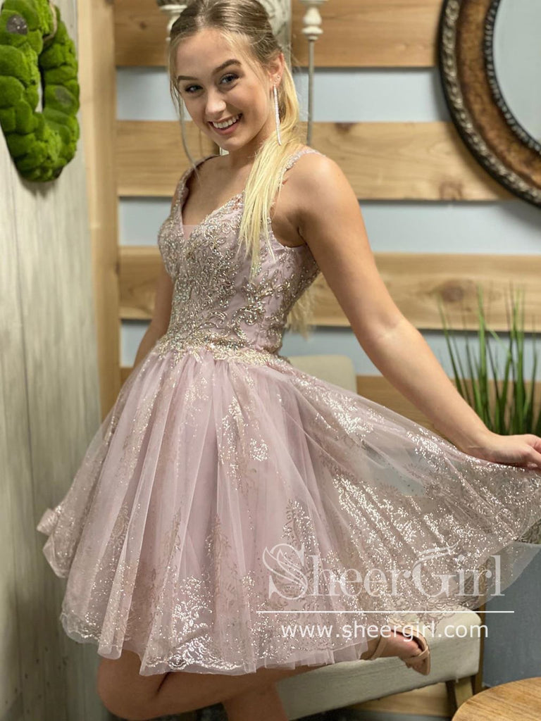 Corded Lace V Neckline Sparkly Short Prom Dress with Beadings Homecomi –  SheerGirl