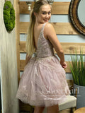 Corded Lace V Neckline Sparkly Short Prom Dress with Beadings Homecoming Dress ARD2625-SheerGirl