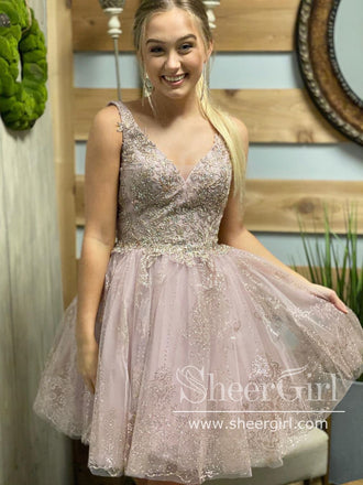 Corded Lace V Neckline Sparkly Short Prom Dress with Beadings Homecoming Dress ARD2625-SheerGirl