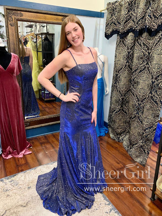 NEW Arrival One Long Sleeve Velvet Royal Blue Long Prom Dresses with S –  Okstyles