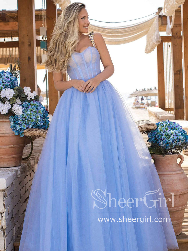 Corset Bodice Ball Gown Strapless Tulle Long Prom Dress in Floor