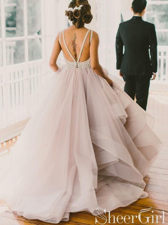 tiered organza t back ball gown wedding dress T272022 Whimsical Organza A-line Gown with Corset Lace Bodice and Tiered Ruffle Skirt