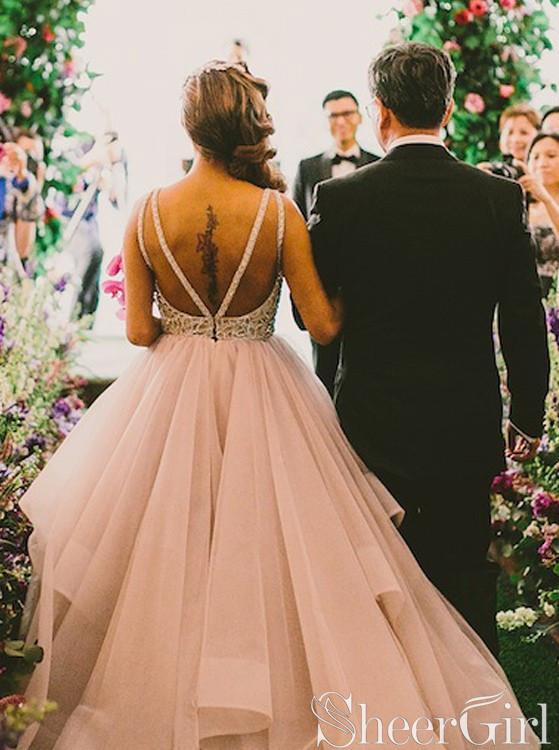 tiered organza t-back ball gown wedding dress Tiered Skirt Floral Lace Ball Gown Wedding Dress