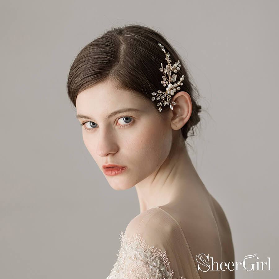 Crystal and Pearl Sprig Gold Bridal Comb with Petals ACC1132-SheerGirl