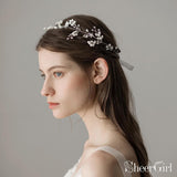 Crystal and Pearl Sprig Silver Bridal Headbands with Leaves ACC1118-SheerGirl