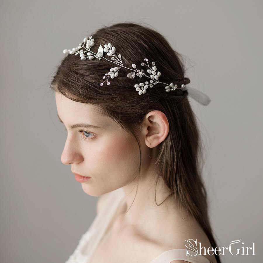 Crystal and Pearl Sprig Silver Bridal Headbands with Leaves ACC1118-SheerGirl