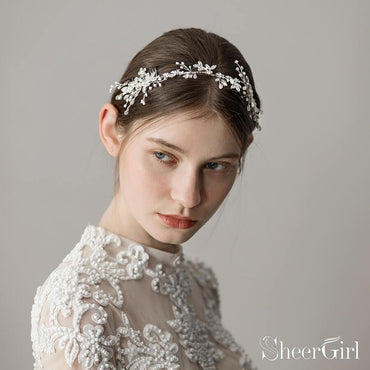 Crystal and Pearl Sprig Silver Headband with Combs ACC1139-SheerGirl
