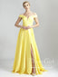 Vestido formal con escote corazón y hombros descubiertos en amarillo narciso, línea A con vestido de fiesta largo con abertura alta ARD2575
