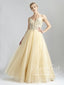 Daffodil Yellow Tulle Ball Gown Backless V Neck Spaghetti Straps Floor Length Prom Dress ARD2573