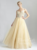 Daffodil Yellow Tulle Ball Gown Backless V Neck Spaghetti Straps Floor Length Prom Dress ARD2573-SheerGirl