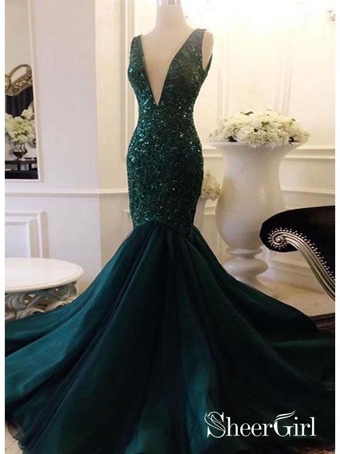 Dark Green Deep V Neck Mermaid Prom Dresses Long Sequins Lace Evening Ball Gowns ARD1030-SheerGirl