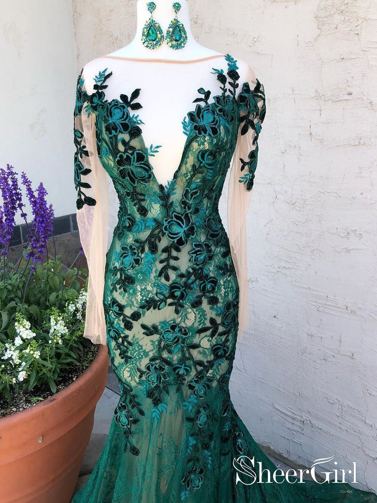 Dark Green See Through Prom Dresses With Sleeves Illusion Neck Party Dresses ARD2498-SheerGirl