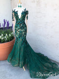Dark Green See Through Prom Dresses With Sleeves Illusion Neck Party Dresses ARD2498-SheerGirl