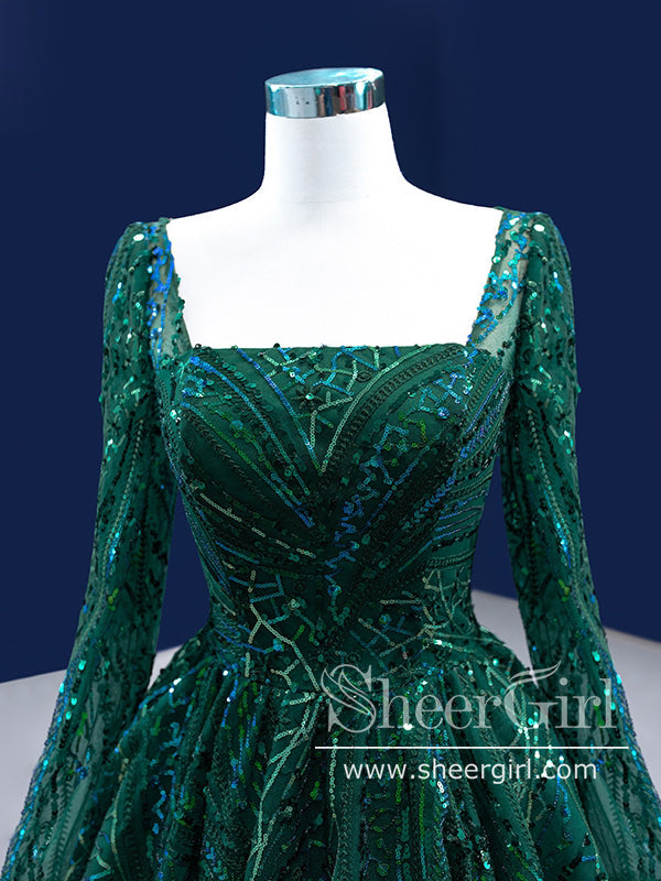Dark Green Sequins Prom Dress with Long Sleeves Square Neck A Line Prom Gown ARD2847-SheerGirl