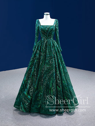 Dark Green Sequins Prom Dress with Long Sleeves Square Neck A Line Prom Gown ARD2847-SheerGirl