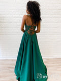 Dark Green Spaghetti Straps Evening Dress Appliqued Bodice V Neck Long Prom Dress ARD2549-SheerGirl