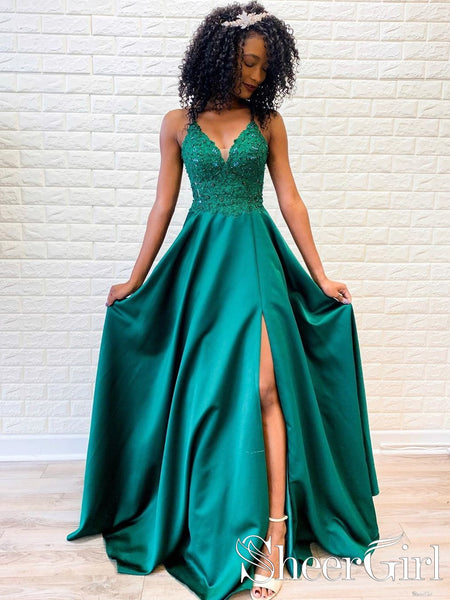 V Neck Emerald Green Satin Prom Dresses, Emerald Green Satin Long Form –  morievent