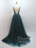 Dark Green V Neckline Sexy Back V A Line Sheer Bodice Ball Gown Sweep Train Long Prom Dress ARD2571-SheerGirl