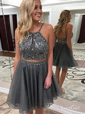 Dark Grey Two Piece Homecoming Dresses Beaded Short Prom Dress ARD1461-SheerGirl