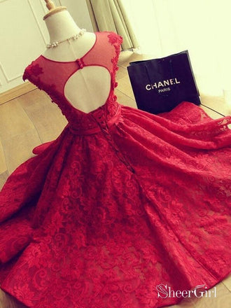 Dark Red Lace Homecoming Dresses Open Back Vintage Short Prom Dresses ARD1369-SheerGirl