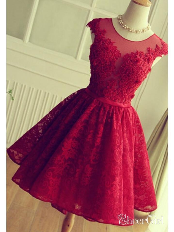 Dark Red Lace Homecoming Dresses Open Back Vintage Short Prom Dresses ARD1369-SheerGirl