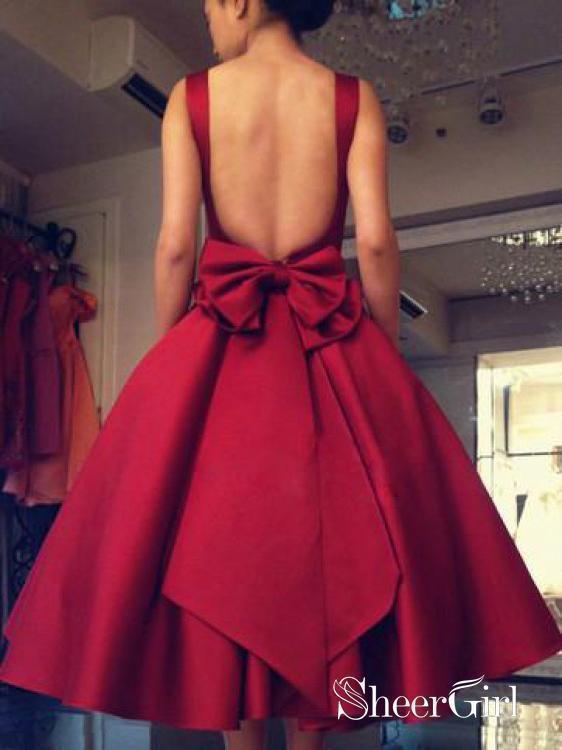Dark Red Mid Length Prom Dresses Backless Ball Gown Prom Dress with Pocket ARD1501