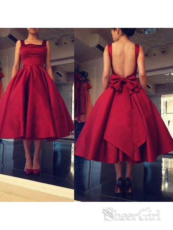 Dark Red Mid Length Prom Dresses Backless Ball Gown Prom Dress with Pocket SheerGirl Dark Red Mid Length Prom Dresses Backless Ball Gown Prom Dress with Pocket SheerGirl