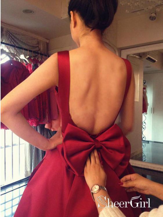 Dark Red Mid Length Prom Dresses Backless Ball Gown Prom Dress with Pocket ARD1501-SheerGirl