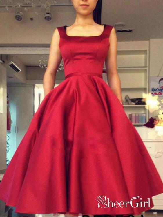 Dark Red Mid Length Prom Dresses Backless Ball Gown Prom Dress with Pocket ARD1501-SheerGirl