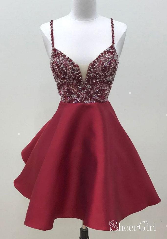 Dark Red Short Prom Dresses Spaghetti Strap Beaded A Line Homecoming Dress ARD1515-SheerGirl