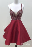 Dark Red Short Prom Dresses Spaghetti Strap Beaded A Line Homecoming Dress ARD1515-SheerGirl