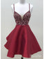 Tmavě červené krátké plesové šaty Špagetový pásek s korálky A Line Homecoming dress ARD1515 