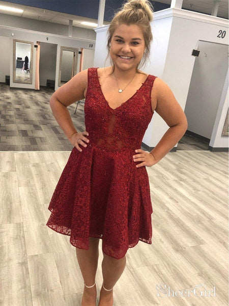 Dark Red V Neck Lace Homecoming Dresses Lace Applique Short Prom