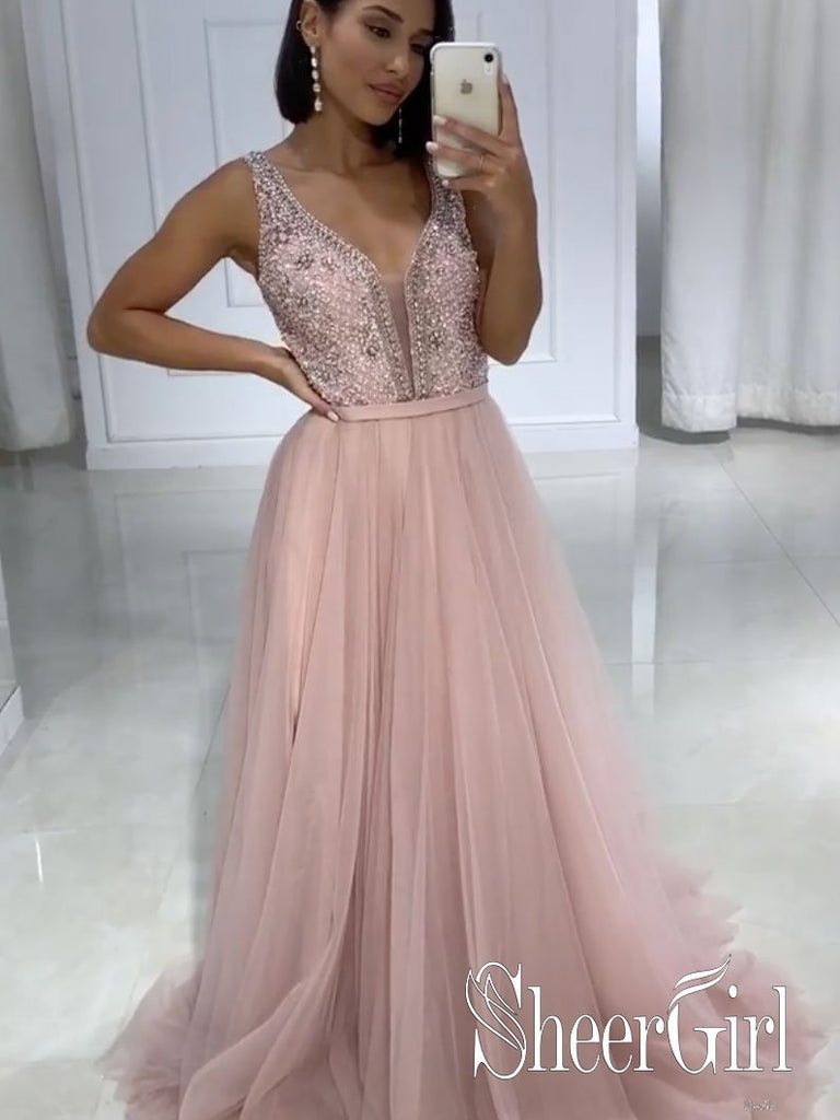 Deep V Illusion Neck Rhinestones Bodice Rose Pink Tulle Prom Dress ARD2478-SheerGirl