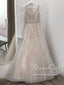 Deep V Neck Big Floral Lace A Line Wedding Dress with Beaded Bodice AWD1815