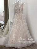 Deep V Neck Big Floral Lace A Line Wedding Dress with Beaded Bodice AWD1815-SheerGirl