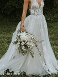 Deep V Neck Big Flower Applique Wedding Dresses Ivory Organza Grace Wedding Gowns AWD1609-SheerGirl
