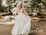 Deep V Neck Big Flower Applique Wedding Dresses Ivory Organza Grace Wedding Gowns AWD1609-SheerGirl