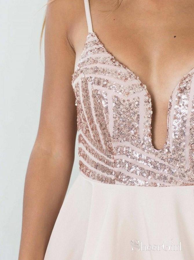 Deep V Neck Blush Mini Homecoming Dresses Sexy Backless Sequin Short Party Dress ARD1581-SheerGirl