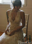 Vestidos de novia con espalda cruzada y cuello en V profundo, encaje marfil con listones, vestidos de novia AWD1603