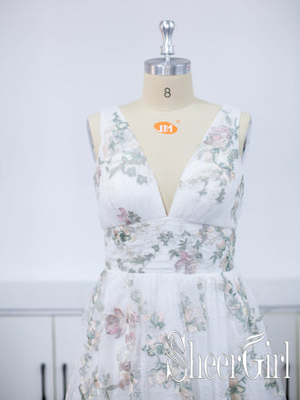 Deep V Neck Floor Length Bridal Dresses Colorful Lace Metalic Edged Wedding Dresses AWD1651-SheerGirl