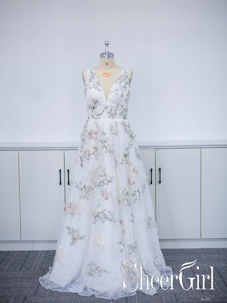 Deep V Neck Floor Length Bridal Dresses Colorful Lace Metalic Edged Wedding Dresses AWD1651-SheerGirl