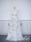 Svatební šaty s hlubokým výstřihem do V, délka k podlaze, Barevné krajkové svatební šaty s kovovým okrajem AWD1651 
