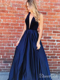 Deep V Neck Navy Blue Long Prom Dresses Sexy Backless Formal Dress ARD2025-SheerGirl