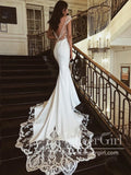 Deep V Neck Scoop Sleeves Backless Mermaid Wedding Dress with Shaped Train AWD1767-SheerGirl