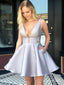 Deep V Neck Silver Satin Homecoming Dresses Sexy Backless Mini Prom Dress ARD1672