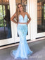Deep V Neck Sky Blue Two Pieces Prom Dresses Mermaid Organze Evening Dresses ARD2455