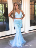 Deep V Neck Sky Blue Two Pieces Prom Dresses Mermaid Organze Evening Dresses ARD2455-SheerGirl