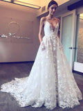 Deep V Neck Wedding Dresses Lace Applique Vintage Wedding Dress with Pocket AWD1096-SheerGirl