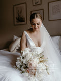 Deep V Neckline A Line Pleated Ball Gown with High Slit Satin Wedding Dress AWD1761-SheerGirl